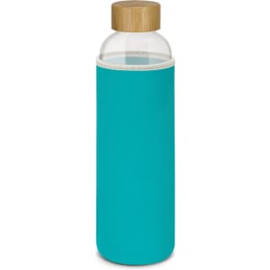 A drink bottle with a clear body, wooden lid, and turquoise neoprene sleeve. It features a logo.