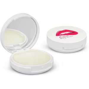 A compact mirror and lip balm in white packaging, featuring a pink lip design and opening to reveal a smooth balm.