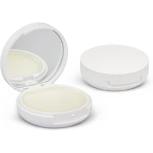 A compact mirror and lip balm in white, featuring a mirrored interior and an external lid.
