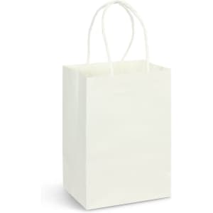 A small, white paper carry bag with twisted handles, suitable for promotional use.