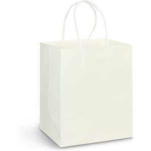 A medium-sized white paper carry bag with sturdy handles and a plain design. It features a logo.