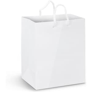 A medium white laminated paper carry bag with white rope handles and a glossy finish.