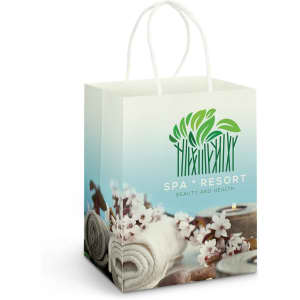 A large, full-colour paper carry bag with a graphic design, featuring a logo and a light green gradient.