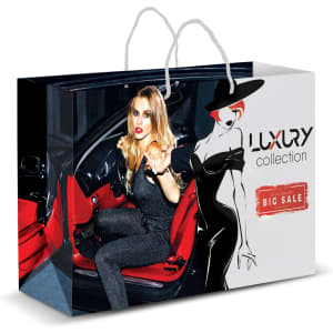A full-colour carry bag featuring a stylish design with a woman and a logo, primarily in black and red.