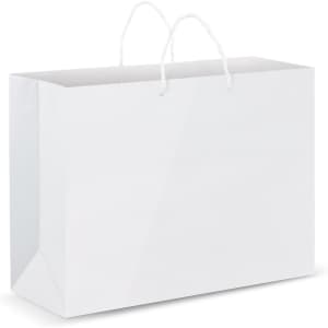 A large white laminated carry bag with white handles and a smooth, glossy finish.
