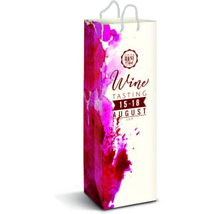 A wine bag in vibrant pink and purple hues with a logo and handles, designed for transporting bottles.