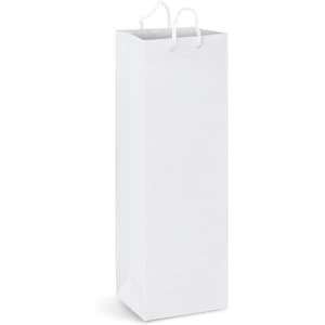 A white laminated paper wine bag with two white handles and a branding logo.