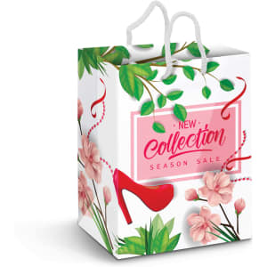 A large laminated paper carry bag in white with colourful floral designs and a red high-heeled shoe, featuring a logo.