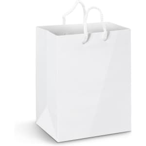 A large white laminated paper carry bag with rope handles and a glossy finish, featuring a logo.