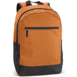 An orange and black Corolla Backpack featuring a front zip pocket and adjustable straps. It has a logo on it.