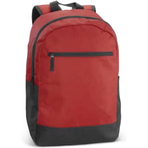 A red and black backpack with a front zip pocket and adjustable straps. It features a logo on the side.
