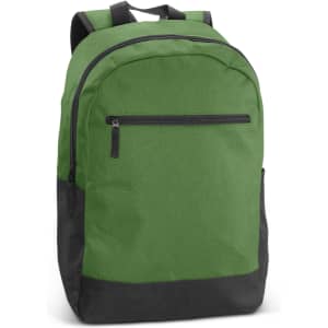 A green backpack with a black base and front zip pocket, featuring shoulder straps and a logo.