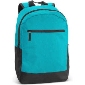 A turquoise backpack with a black bottom, featuring a zippered pocket on the front and padded shoulder straps.