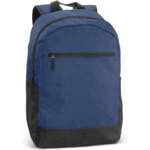 A navy blue backpack with a black base, featuring one front pocket and adjustable shoulder straps.