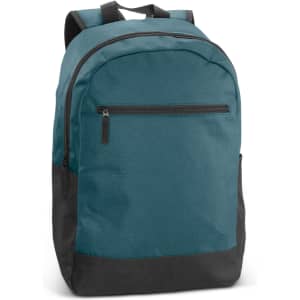 A teal and black backpack featuring a front zip pocket and two shoulder straps. It has a simple, clean design.