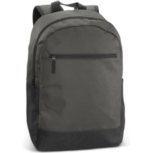 A green and black backpack featuring a front zip pocket and two shoulder straps. It has a logo on the front.