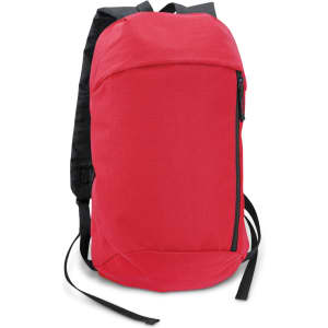 A red compact backpack with a black back panel and a single zippered pocket on the front. It features shoulder straps.