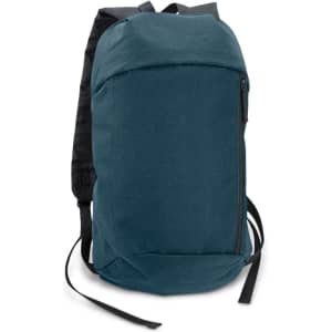 A compact backpack in a teal colour with black straps and a zippered front pocket. It features a logo.