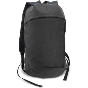 A compact backpack in dark grey, featuring a front zip pocket and adjustable straps. It has a logo on the side.