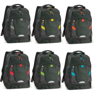 A range of dark green backpacks featuring different coloured zippers and accents, each with a logo on the front.