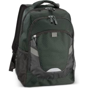 A green backpack with mesh side pockets, a textured design, and zippers at the front and main compartment.