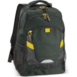 A dark green backpack with yellow accents and zippered compartments, featuring mesh side pockets.