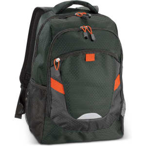 A green and grey backpack featuring orange accents and multiple compartments, with a textured fabric design.