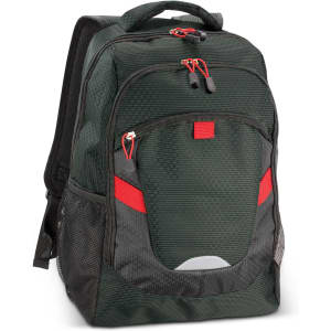 A green backpack with red accents, featuring multiple compartments and a mesh side pocket. It has a logo on the front.