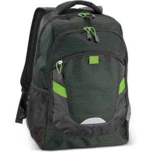 A green backpack with black accents, featuring mesh side pockets and zippers with bright green pulls.