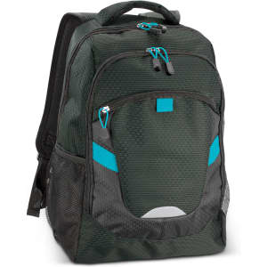 A dark green backpack with blue accents and mesh side pockets, featuring a logo on the front.