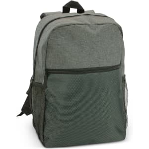 A grey backpack with textured fabric and a mesh side pocket. It features a zippered front compartment and adjustable straps.