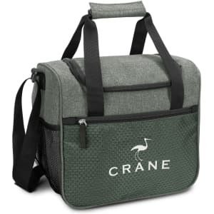 A green cooler bag with black accents, featuring a mesh side pocket and a logo on the front.