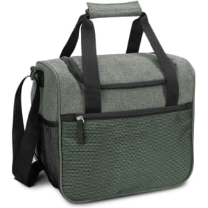 A green cooler bag with handles and a mesh pocket, featuring a zippered opening and a textured pattern.