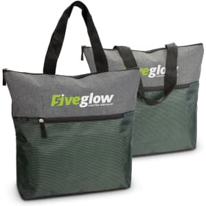 Two grey and green tote bags with handles, featuring a logo on the front and a zippered pocket.