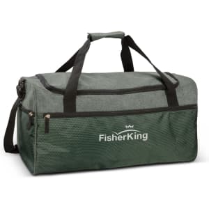 A green duffle bag with a zippered top and sturdy handles, featuring a logo on the front.
