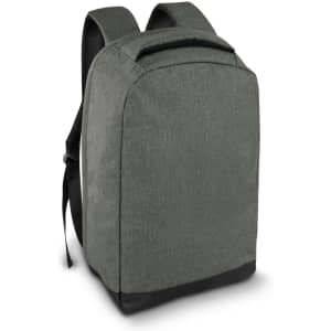 A dark green anti-theft backpack with a structured design and adjustable straps, featuring a logo on the side.