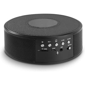 A round black wireless speaker with control buttons and a textured top. Includes a branding logo.