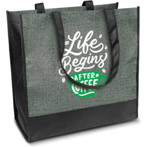 A large heather grey tote bag with black handles and a coffee-themed design. It features a logo on the front.