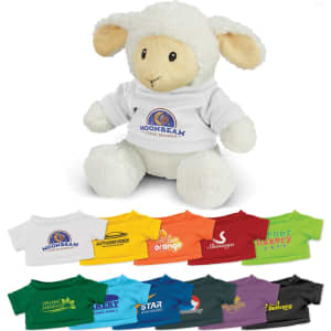 A plush lamb toy wearing a white shirt, with various colourful shirts displayed below it.