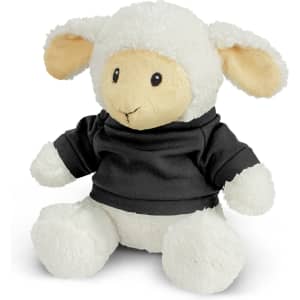 A soft, plush lamb toy in a black shirt, featuring fluffy white ears and a gentle expression.