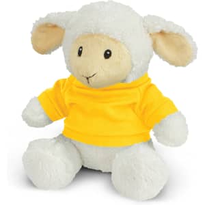 A plush toy lamb with a friendly expression, wearing a yellow top, featuring cream and white fur.