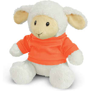 A fluffy white lamb plush toy wearing an orange shirt, featuring soft ears and a friendly expression.