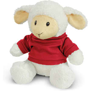 A fluffy white lamb plush toy wearing a red sweater, featuring large ears and a friendly expression.