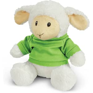 A fluffy white lamb plush toy wearing a green sweater. It has soft ears and a friendly expression.