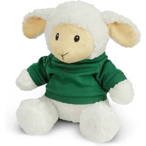 A plush lamb toy with a fluffy white body and fuzzy ears, dressed in a green top. It has a cheerful expression.