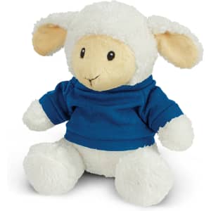 A soft, cream-coloured lamb plush toy wearing a blue sweater, sitting upright against a white background.