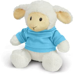 A lamb plush toy with a cream body and a blue shirt, featuring soft ears and a friendly expression.