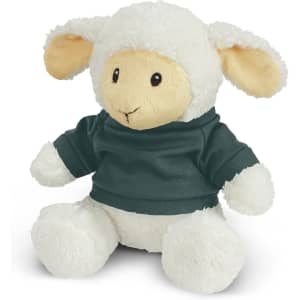 A plush lamb toy with soft white fur and beige features, wearing a dark grey shirt.