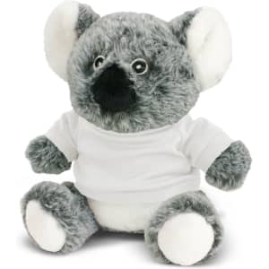 A grey koala plush toy with a black nose and white paws, wearing a plain white shirt and displaying a friendly expression.