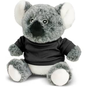 A grey koala plush toy with a black shirt, featuring soft fur and large ears. It has a logo on its shirt.